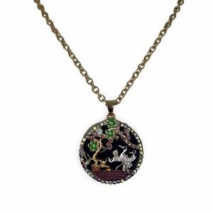 Gold Tone Round Crystal Pendant Necklace with Nature Scene